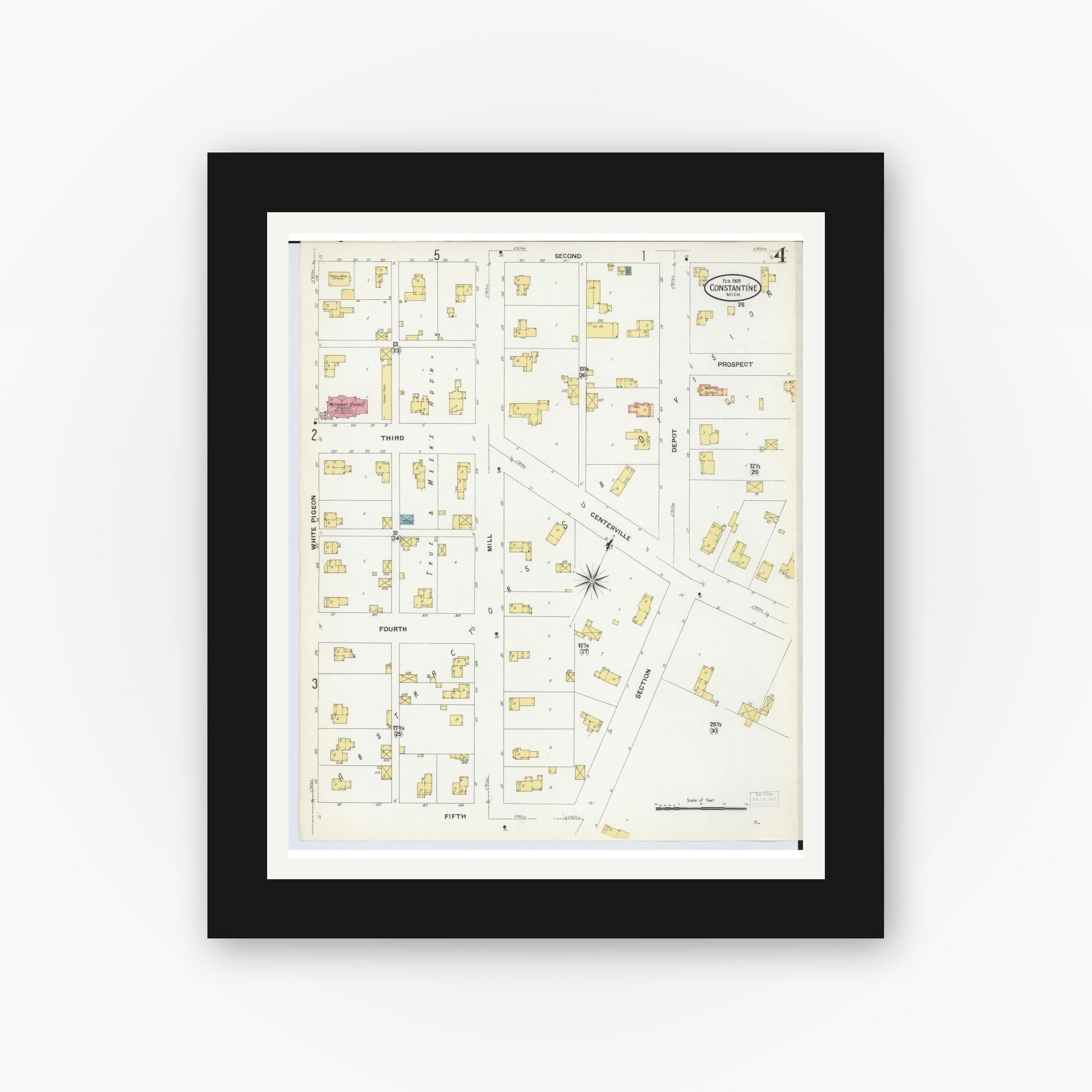 Old map wall art mockup — black gallery frame with white mat — Sanborn Fire Insurance Map from Constantine, Saint Joseph County, Michigan (1909), Sheet #0004
