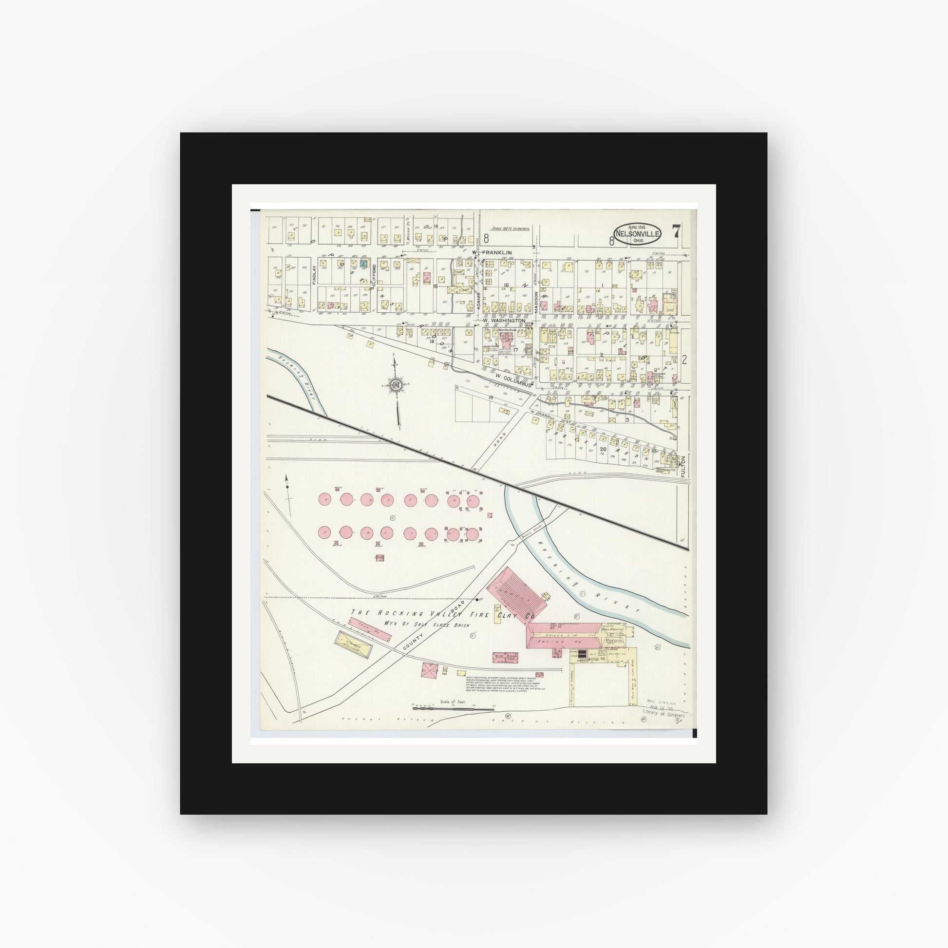 Old map wall art mockup — black gallery frame with white mat — Sanborn Fire Insurance Map from Nelsonville, Athens County, Ohio (1914), Sheet #0007