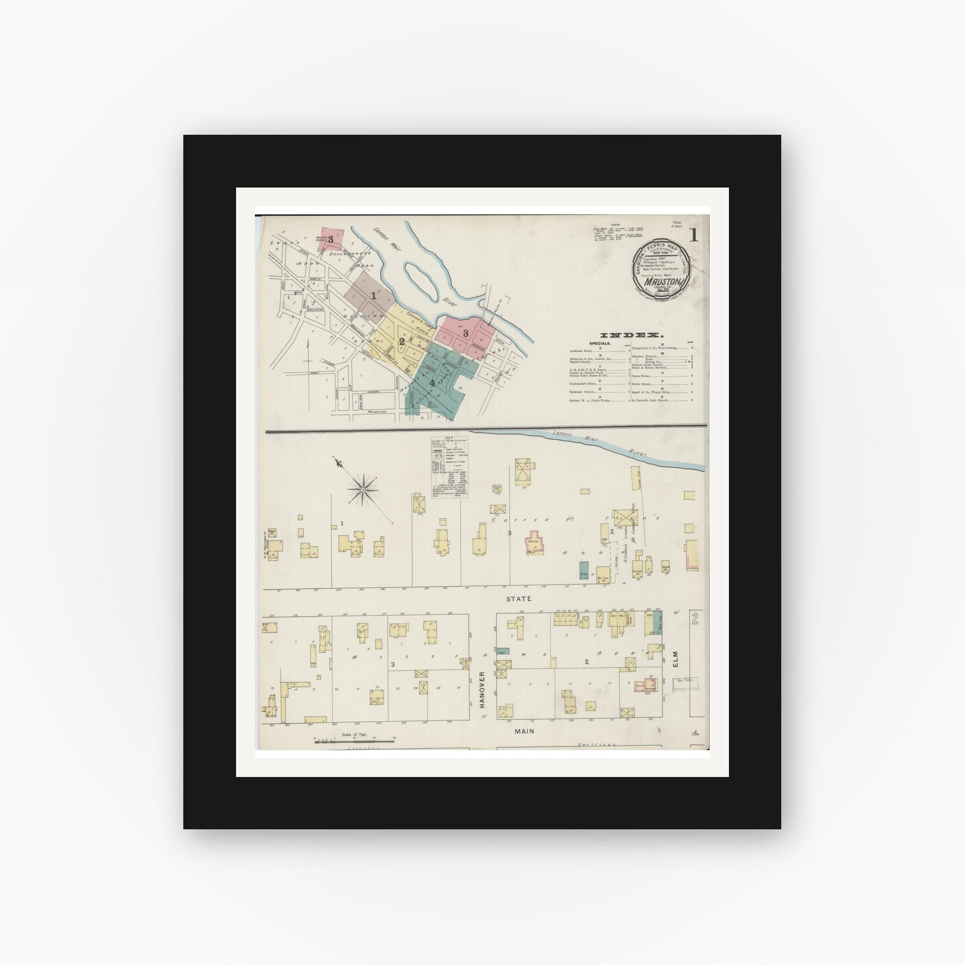 Old map wall art mockup — black gallery frame with white mat — Sanborn Fire Insurance Map from Mauston, Juneau County, Wisconsin (1894), Sheet #0001