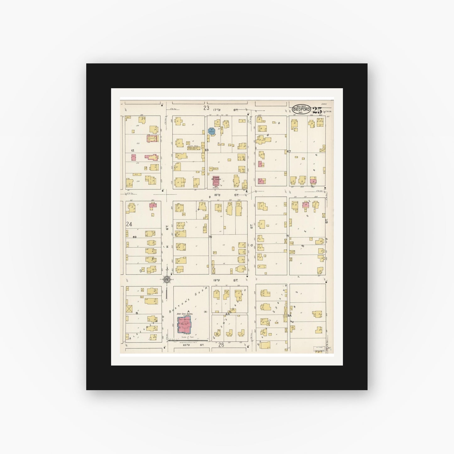 Old map wall art mockup — black gallery frame with white mat — Sanborn Fire Insurance Map from Bedford, Lawrence County, Indiana (1922), Sheet #0025