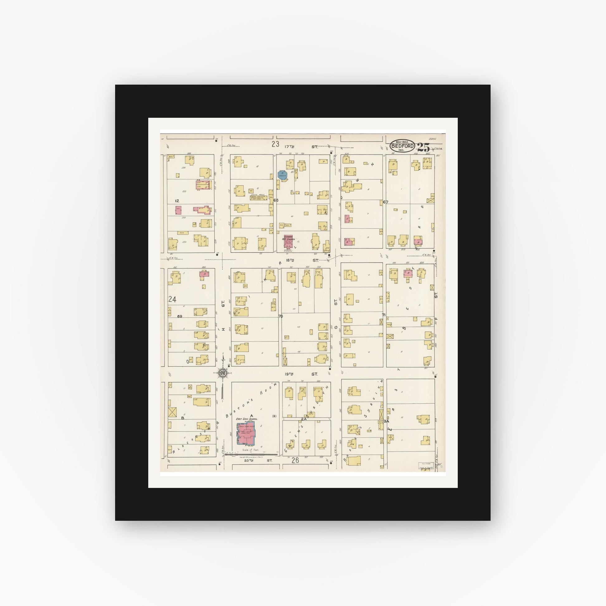 Old map wall art mockup — black gallery frame with white mat — Sanborn Fire Insurance Map from Bedford, Lawrence County, Indiana (1922), Sheet #0025