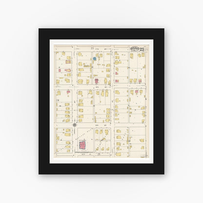 Old map wall art mockup — black gallery frame with white mat — Sanborn Fire Insurance Map from Bedford, Lawrence County, Indiana (1922), Sheet #0025