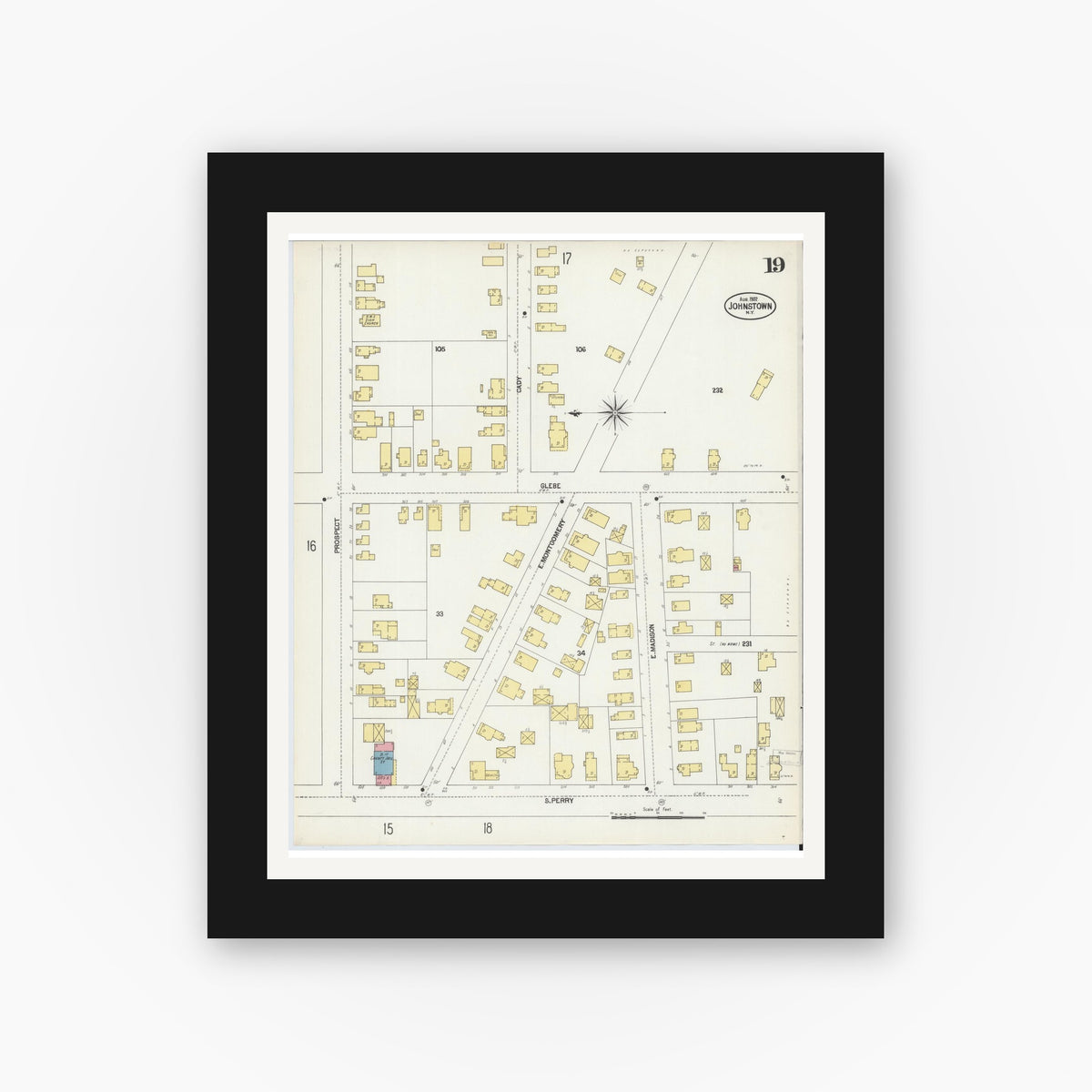 Old map wall art mockup — black gallery frame with white mat — Sanborn Fire Insurance Map from Johnstown, Fulton County, New York (1902), Sheet #0019