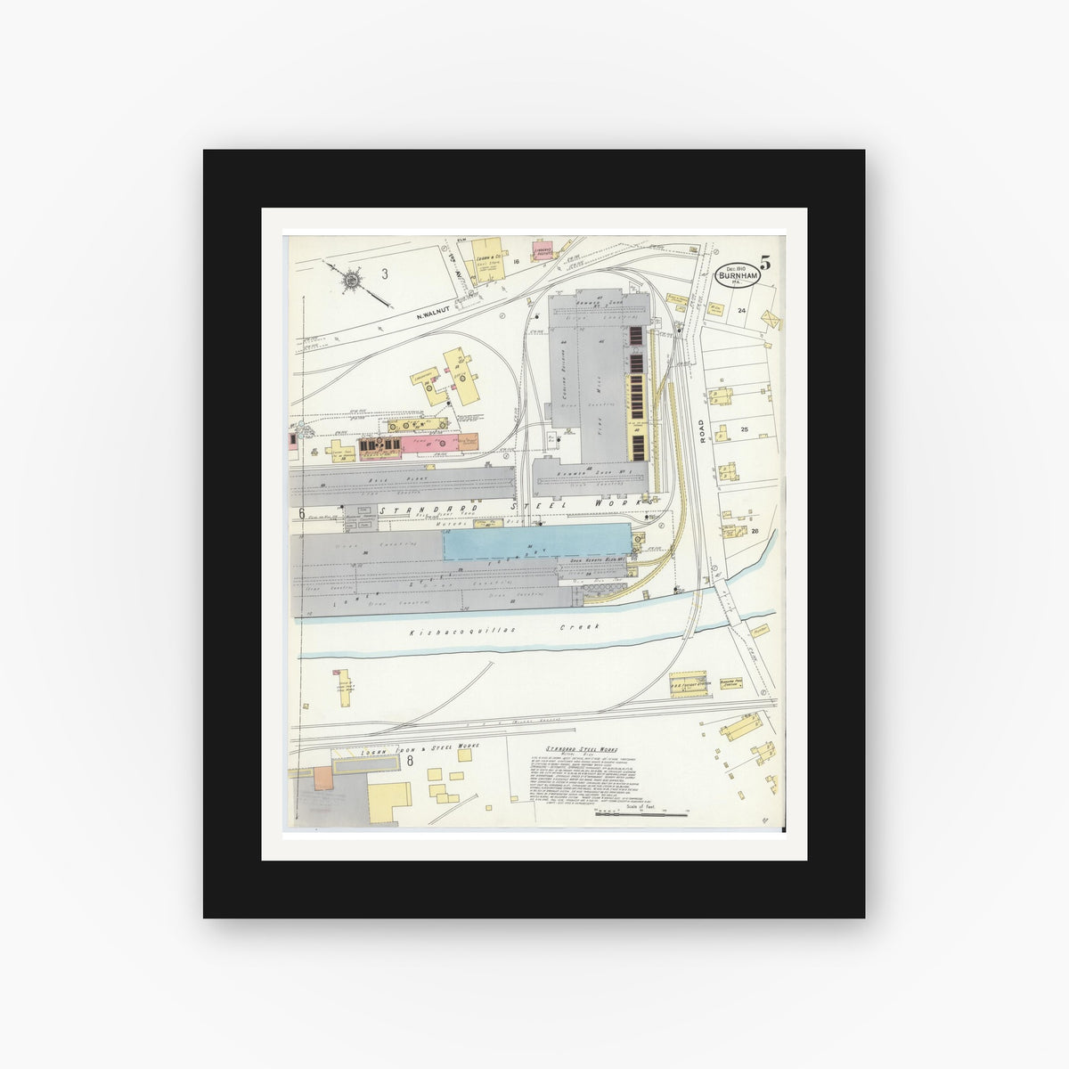 Old map wall art mockup — black gallery frame with white mat — Sanborn Fire Insurance Map from Burnham, Mifflin County, Pennsylvania (1910), Sheet #0005