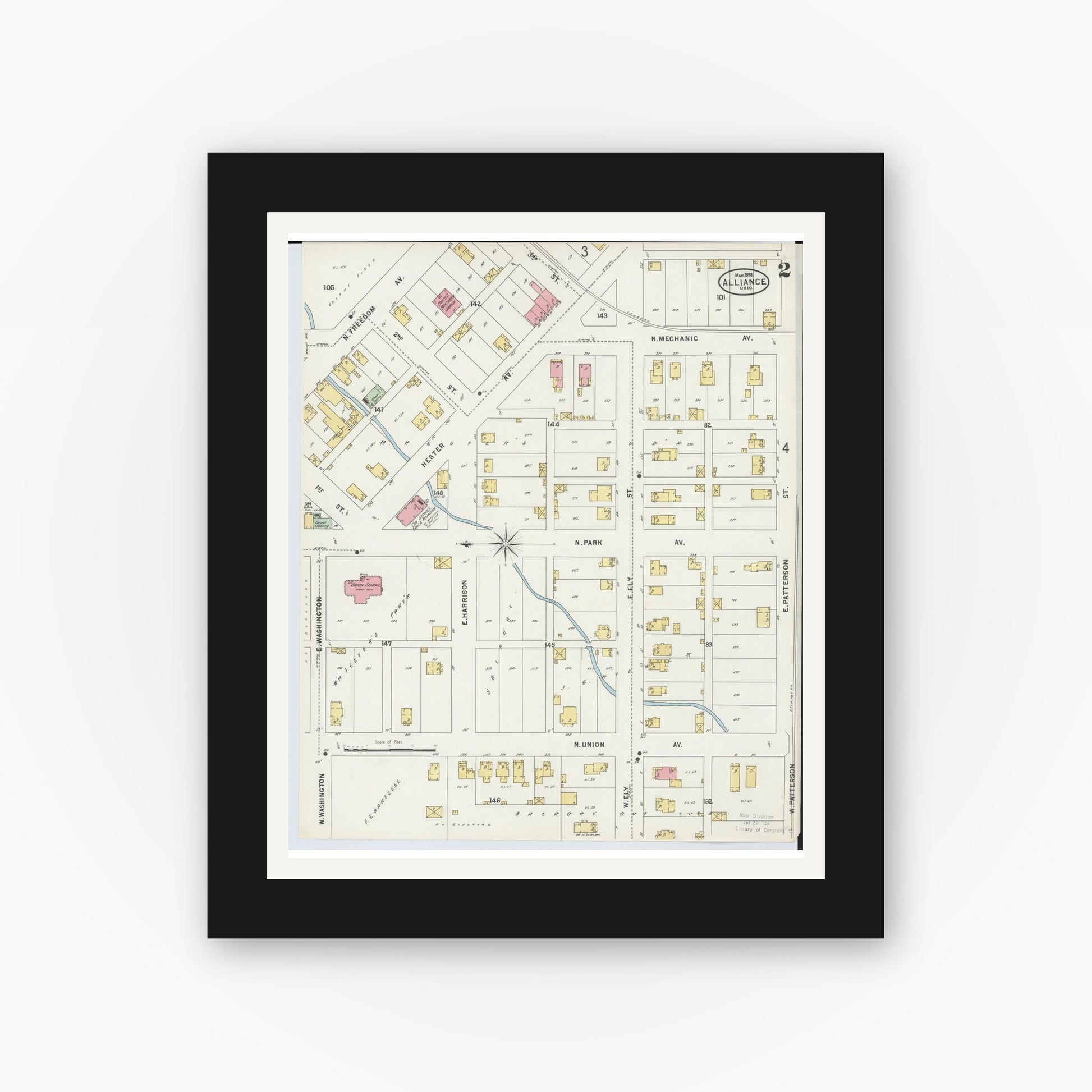 Old map wall art mockup — black gallery frame with white mat — Sanborn Fire Insurance Map from Alliance, Stark County, Ohio (1898), Sheet #0002