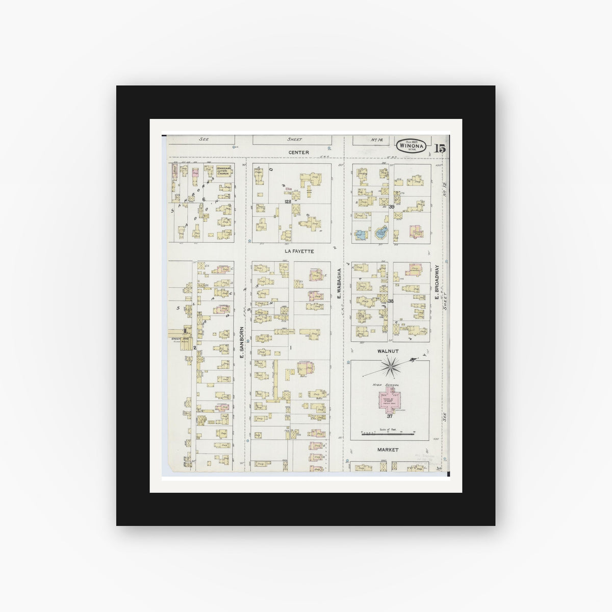 Old map wall art mockup — black gallery frame with white mat — Sanborn Fire Insurance Map from Winona, Winona County, Minnesota (1889), Sheet #0015