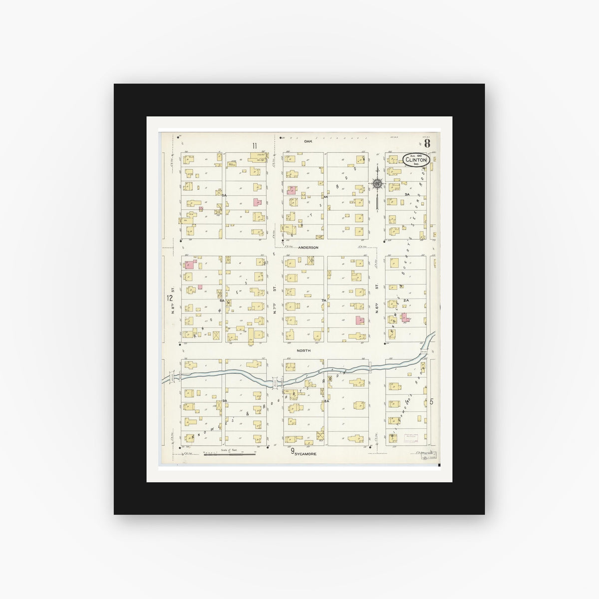 Old map wall art mockup — black gallery frame with white mat — Sanborn Fire Insurance Map from Clinton, Vermillion County, Indiana (1910), Sheet #0008