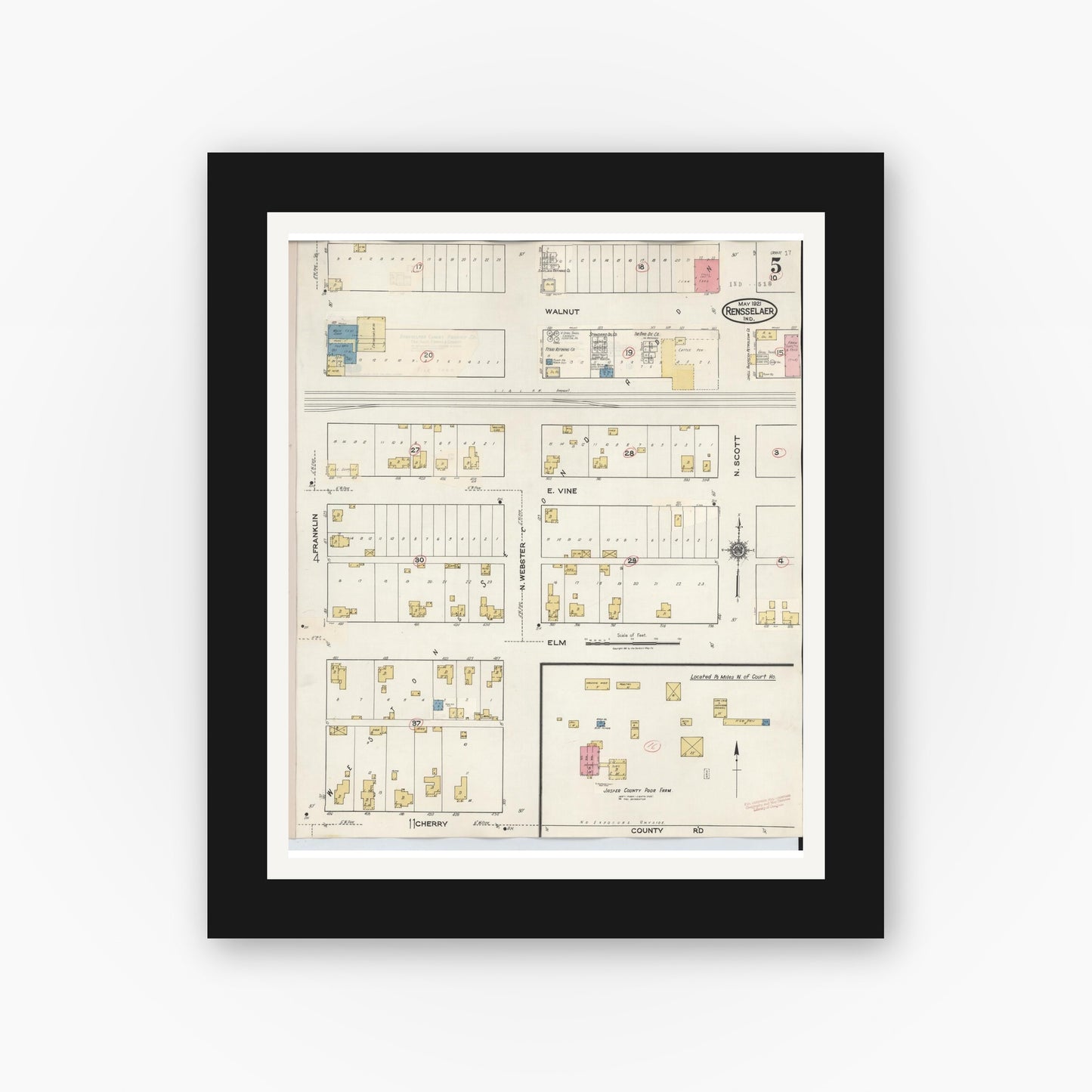 Old map wall art mockup — black gallery frame with white mat — Sanborn Fire Insurance Map from Rensselaer, Jasper County, Indiana (1942), Sheet #0005