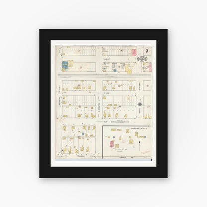 Old map wall art mockup — black gallery frame with white mat — Sanborn Fire Insurance Map from Rensselaer, Jasper County, Indiana (1942), Sheet #0005