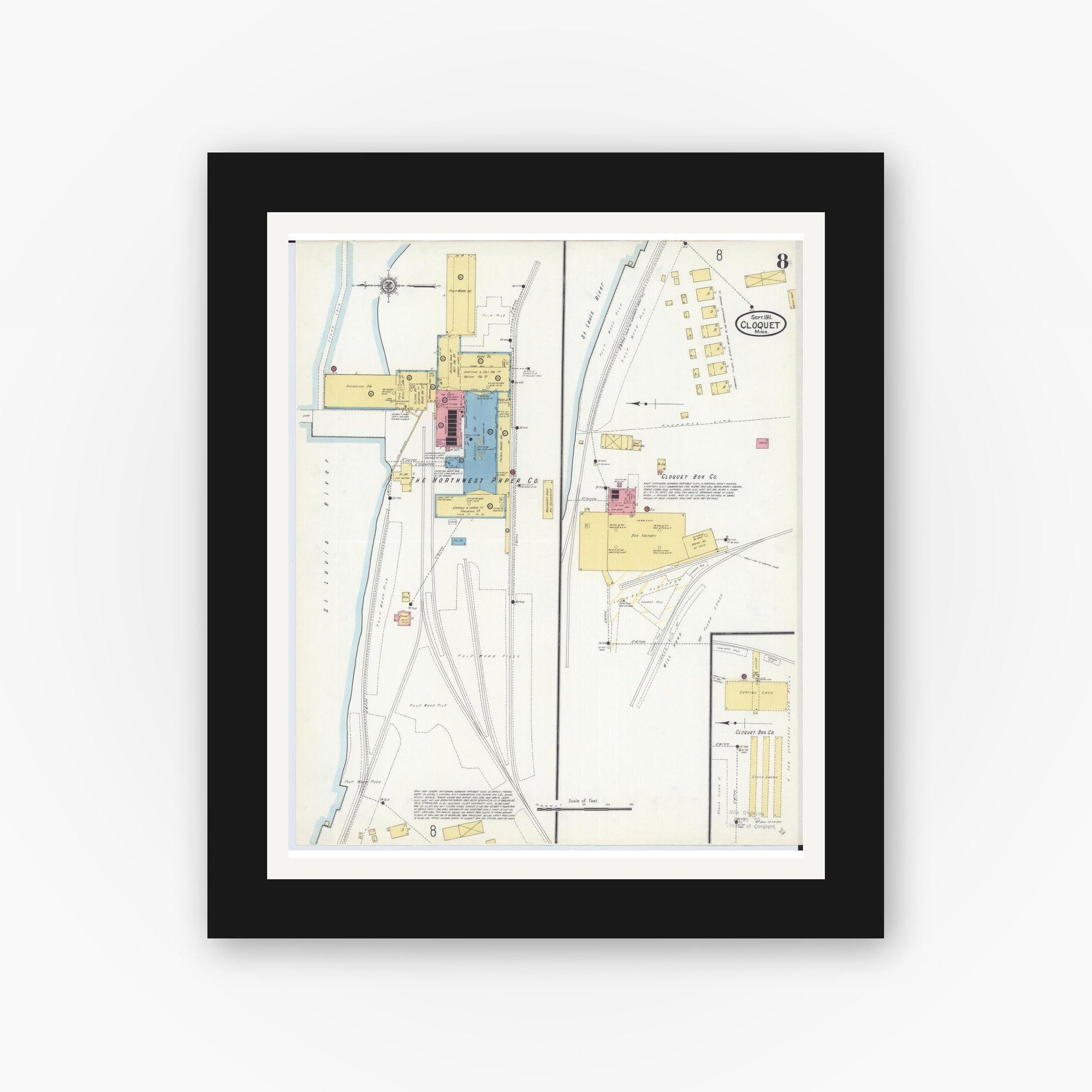 Old map wall art mockup — black gallery frame with white mat — Sanborn Fire Insurance Map from Cloquet, Carlton County, Minnesota (1911), Sheet #0008