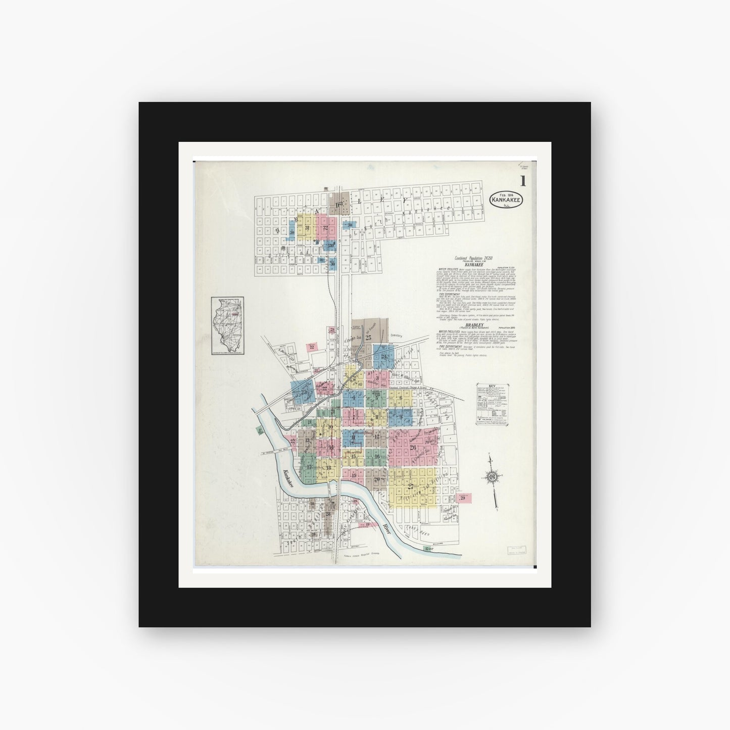 Old map wall art mockup — black gallery frame with white mat — Sanborn Fire Insurance Map from Kankakee, Kankakee County, Illinois (1914), Sheet #0001