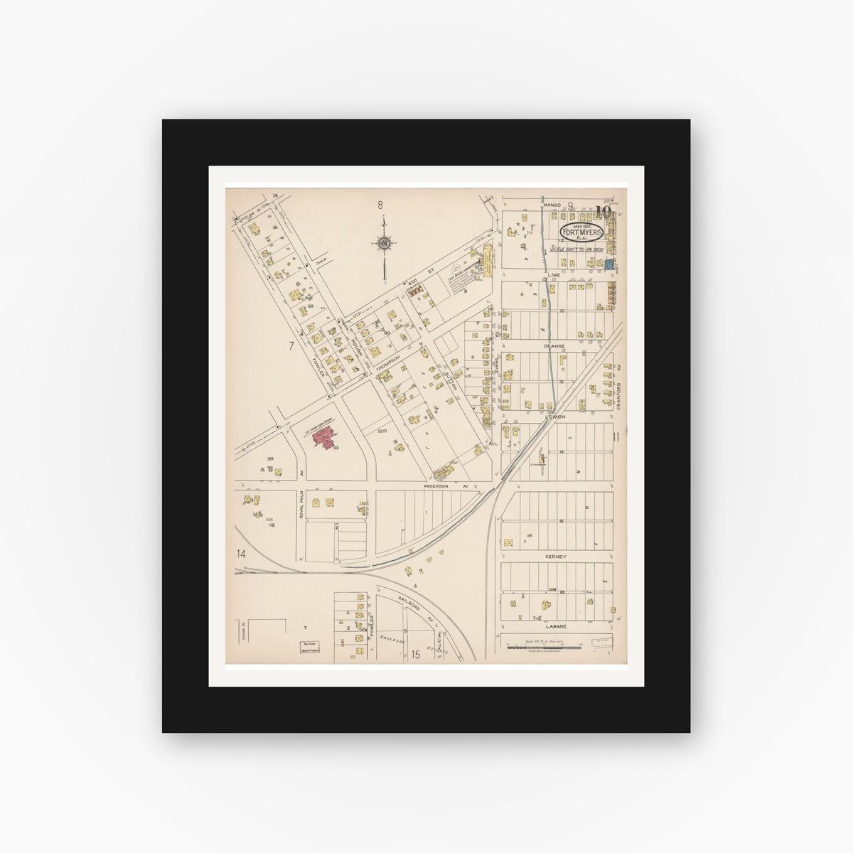 Old map wall art mockup — black gallery frame with white mat — Sanborn Fire Insurance Map from Fort Myers, Lee County, Florida (1922), Sheet #0010