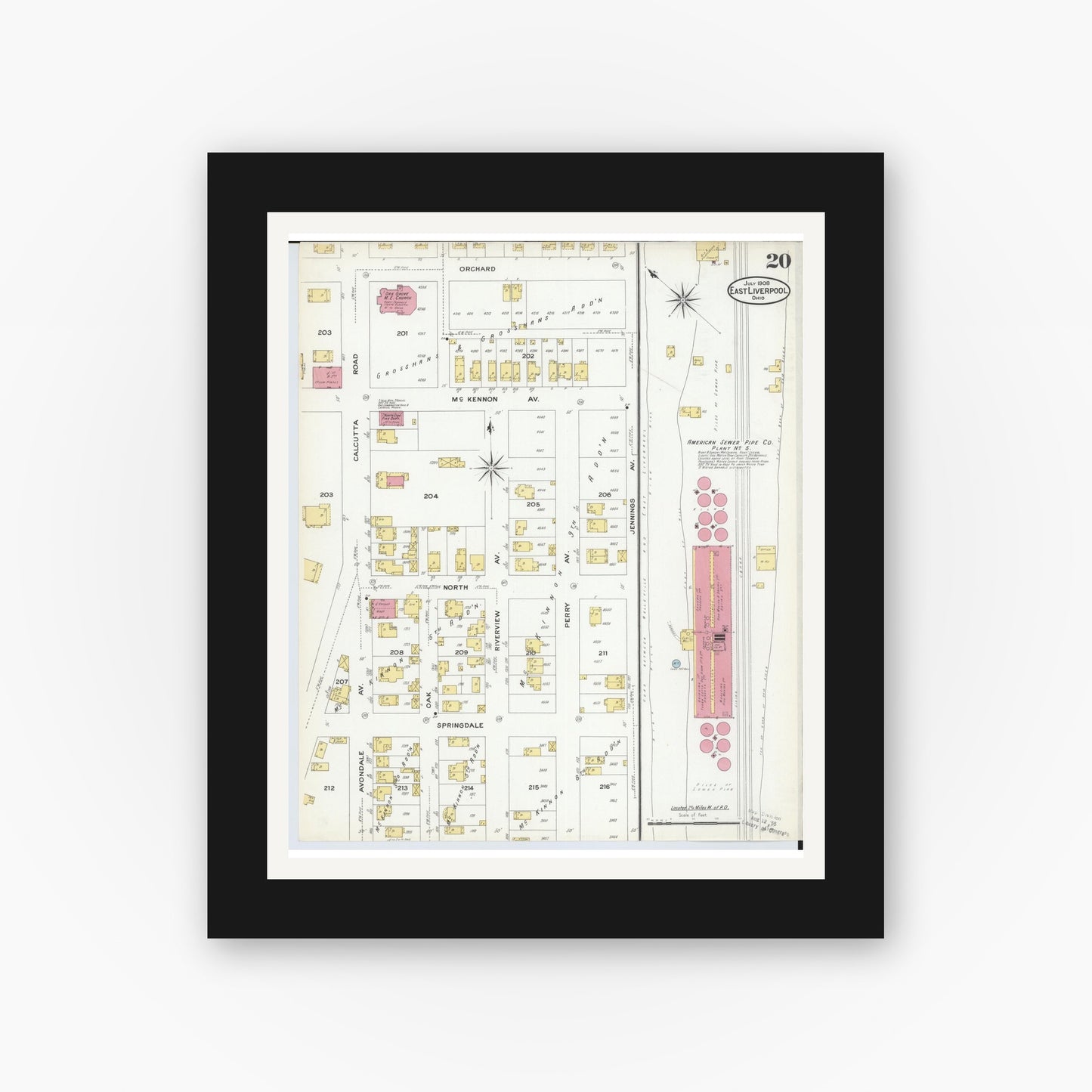 Old map wall art mockup — black gallery frame with white mat — Sanborn Fire Insurance Map from East Liverpool, Columbiana County, Ohio (1908), Sheet #0020