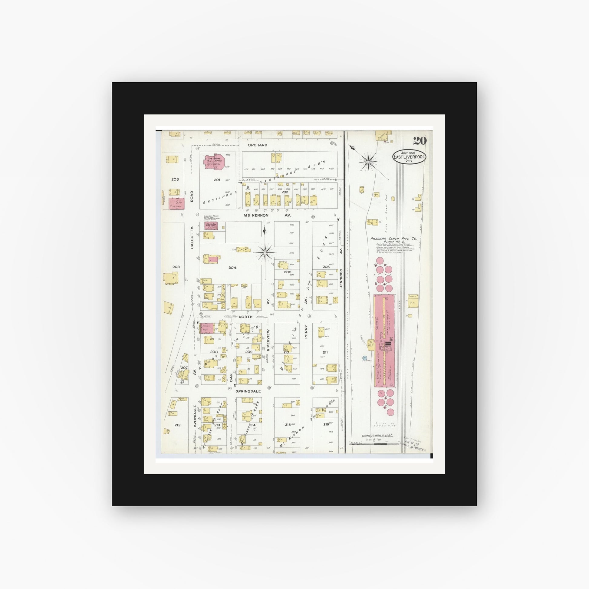 Old map wall art mockup — black gallery frame with white mat — Sanborn Fire Insurance Map from East Liverpool, Columbiana County, Ohio (1908), Sheet #0020