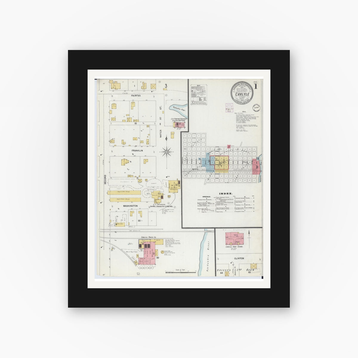 Old map wall art mockup — black gallery frame with white mat — Sanborn Fire Insurance Map from Carlyle, Clinton County, Illinois (1902) - Complete Map Set