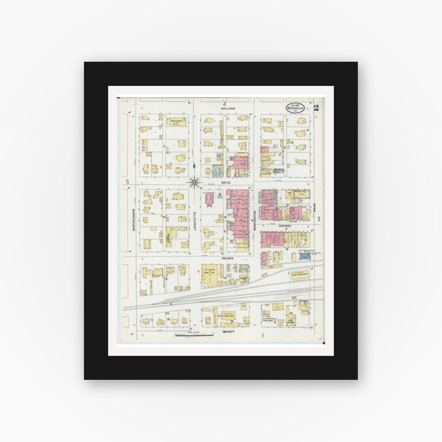 Old map wall art mockup — black gallery frame with white mat — Sanborn Fire Insurance Map from Rochelle, Ogle County, Illinois (1904), Sheet #0002