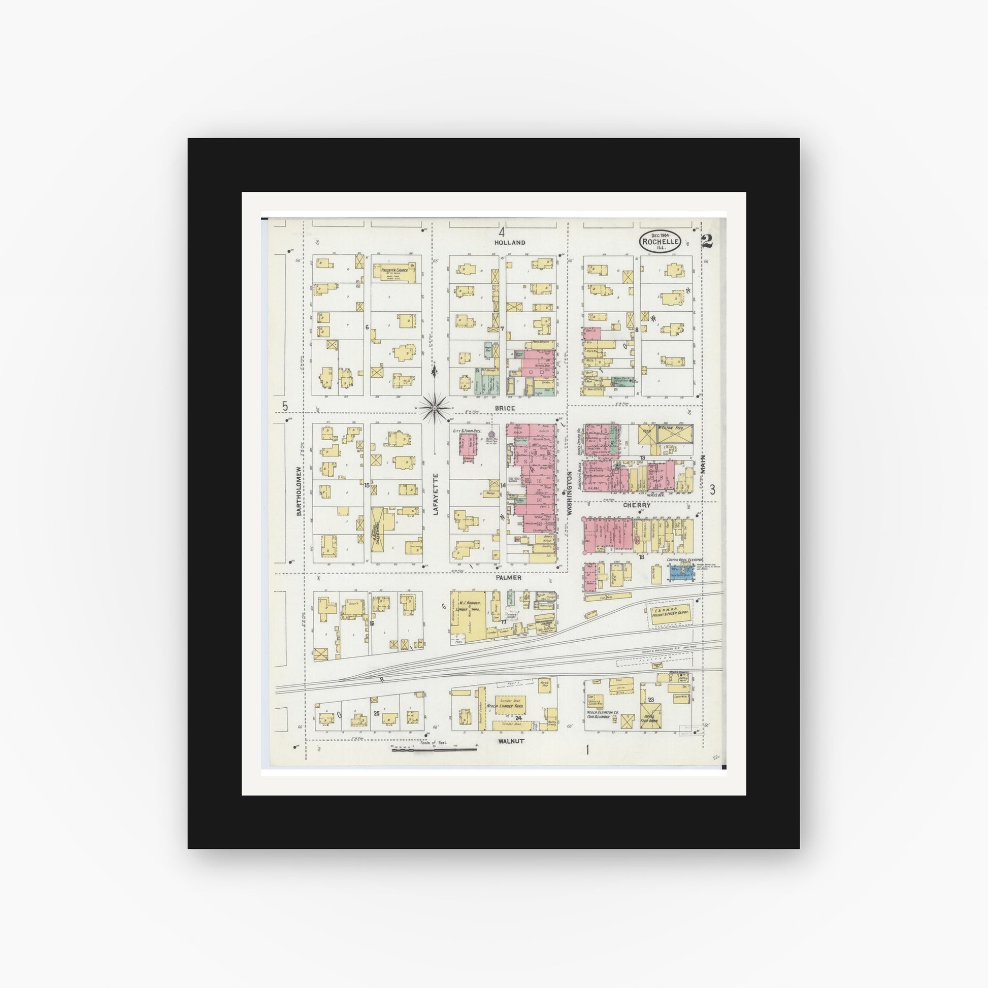 Old map wall art mockup — black gallery frame with white mat — Sanborn Fire Insurance Map from Rochelle, Ogle County, Illinois (1904), Sheet #0002