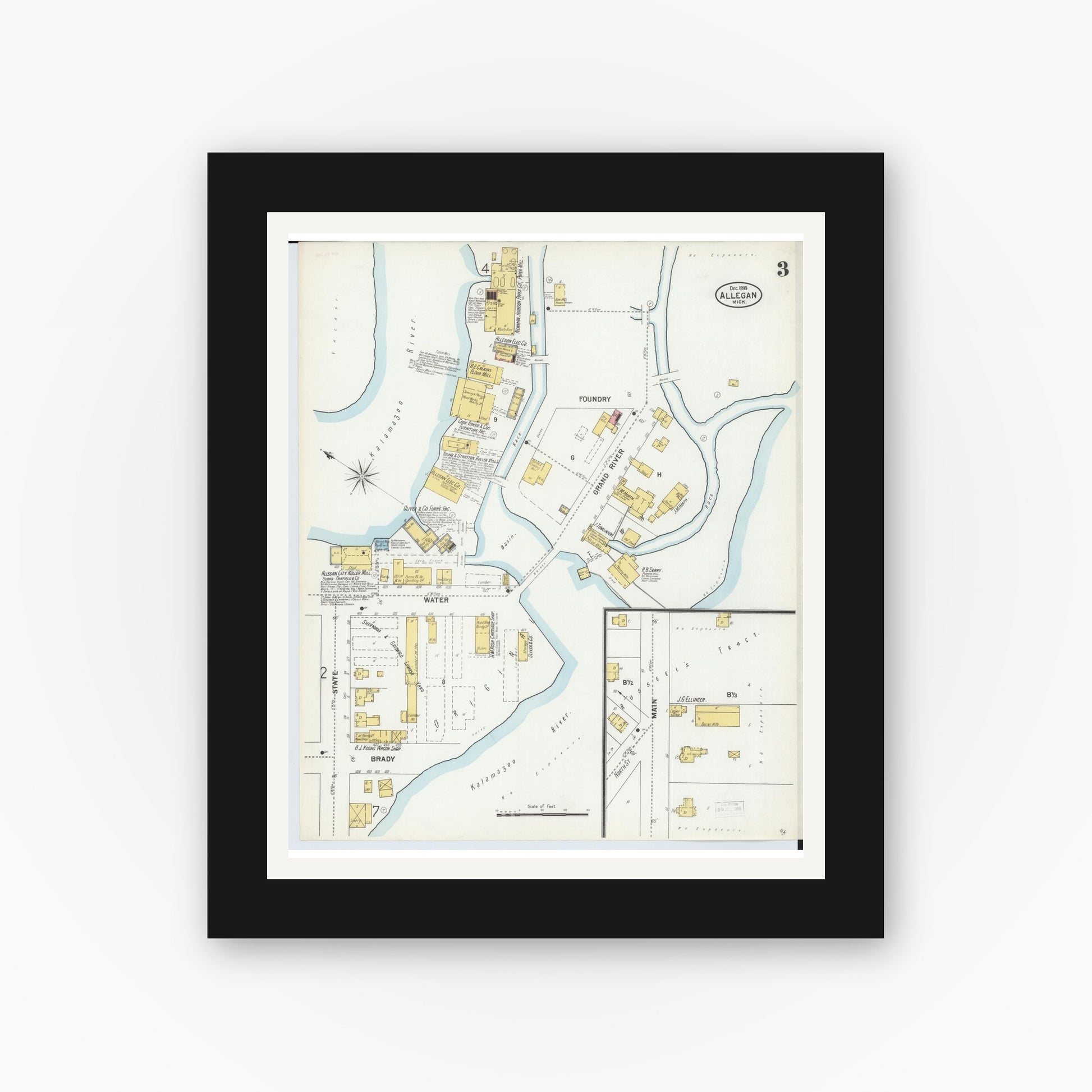 Old map wall art mockup — black gallery frame with white mat — Sanborn Fire Insurance Map from Allegan, Allegan County, Michigan (1899), Sheet #0003