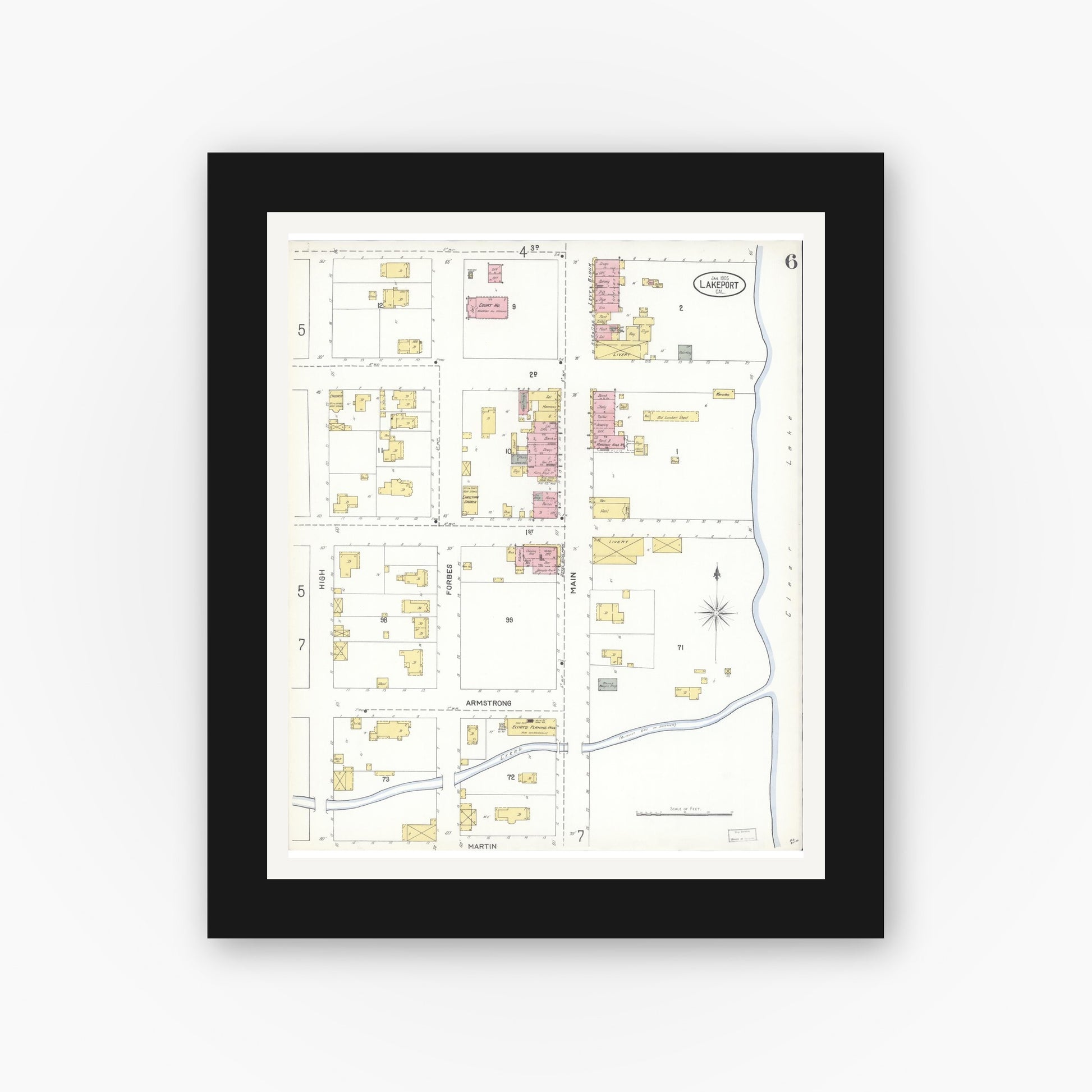Old map wall art mockup — black gallery frame with white mat — Sanborn Fire Insurance Map from Lakeport, Lake County, California (1905), Sheet #0006