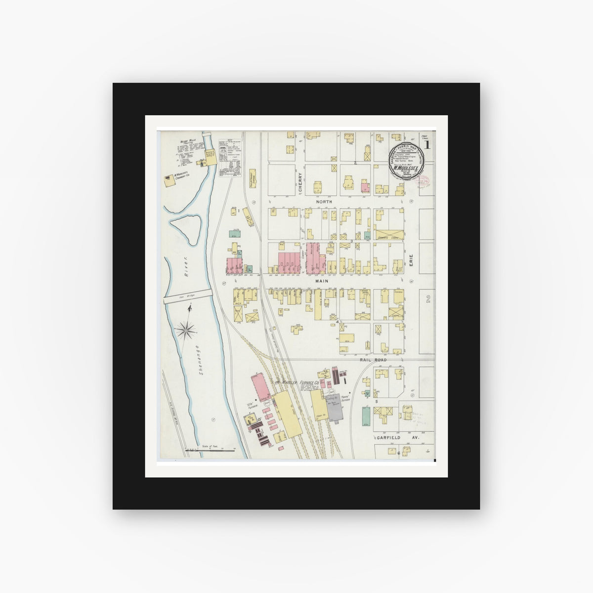 Old map wall art mockup — black gallery frame with white mat — Sanborn Fire Insurance Map from West Middlesex, Mercer County, Pennsylvania (1895), Sheet #0001