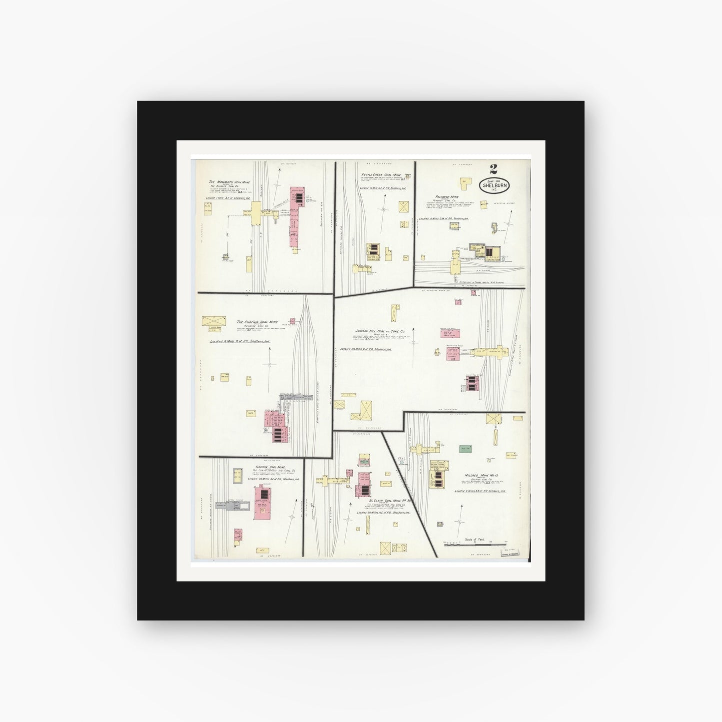 Old map wall art mockup — black gallery frame with white mat — Sanborn Fire Insurance Map from Shelburn, Sullivan County, Indiana (1910), Sheet #0002