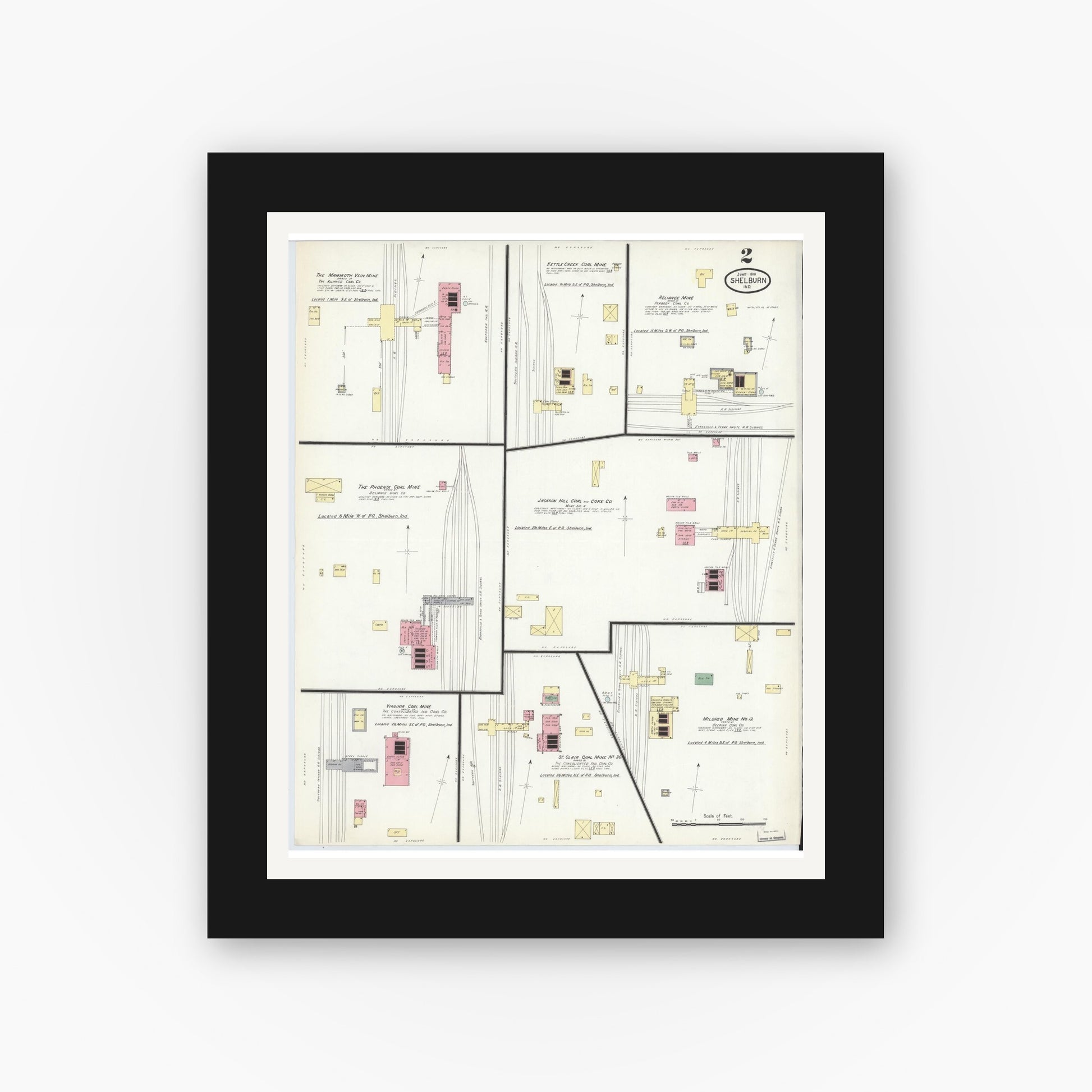 Old map wall art mockup — black gallery frame with white mat — Sanborn Fire Insurance Map from Shelburn, Sullivan County, Indiana (1910), Sheet #0002