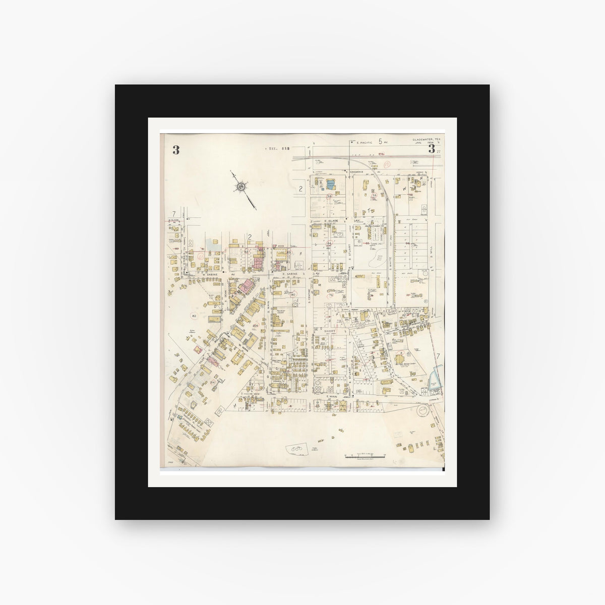Old map wall art mockup — black gallery frame with white mat — Sanborn Fire Insurance Map from Gladewater, Gregg County, Texas (1938), Sheet #0003