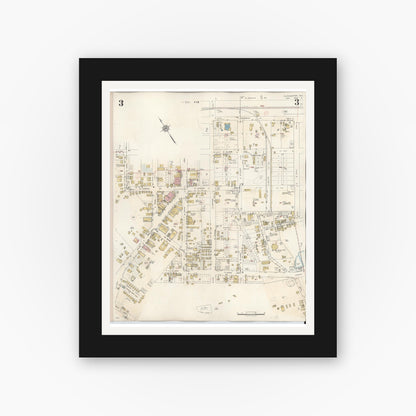 Old map wall art mockup — black gallery frame with white mat — Sanborn Fire Insurance Map from Gladewater, Gregg County, Texas (1938), Sheet #0003