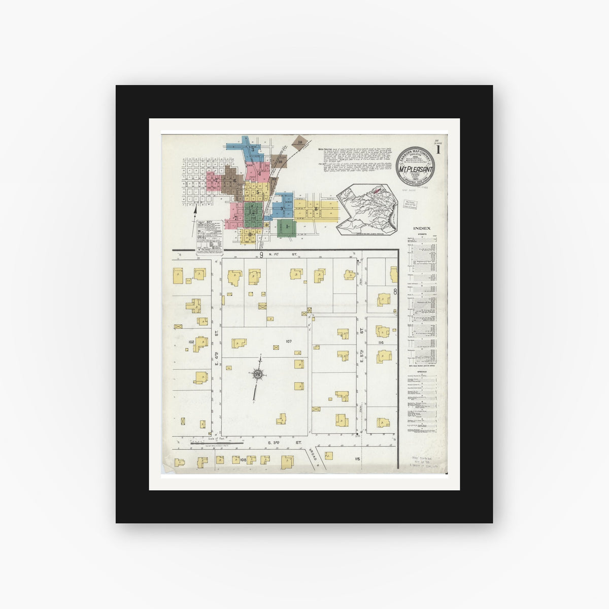 Old map wall art mockup — black gallery frame with white mat — Sanborn Fire Insurance Map from Mount Pleasant, Titus County, Texas (1920), Sheet #0001