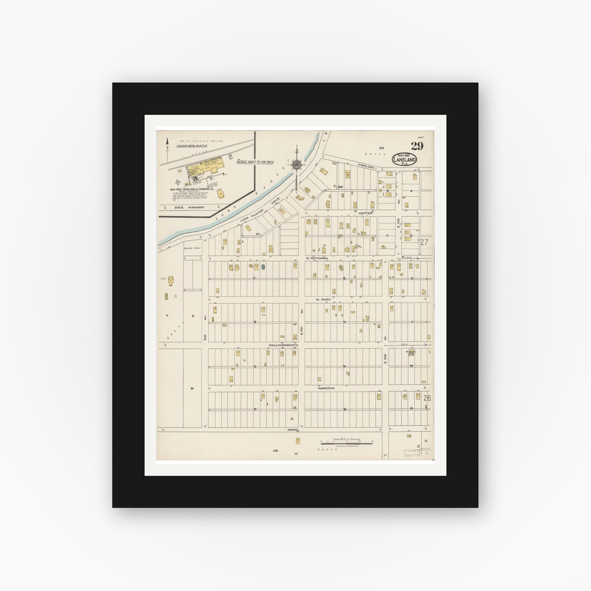 Old map wall art mockup — black gallery frame with white mat — Sanborn Fire Insurance Map from Lakeland, Polk County, Florida (1922), Sheet #0029