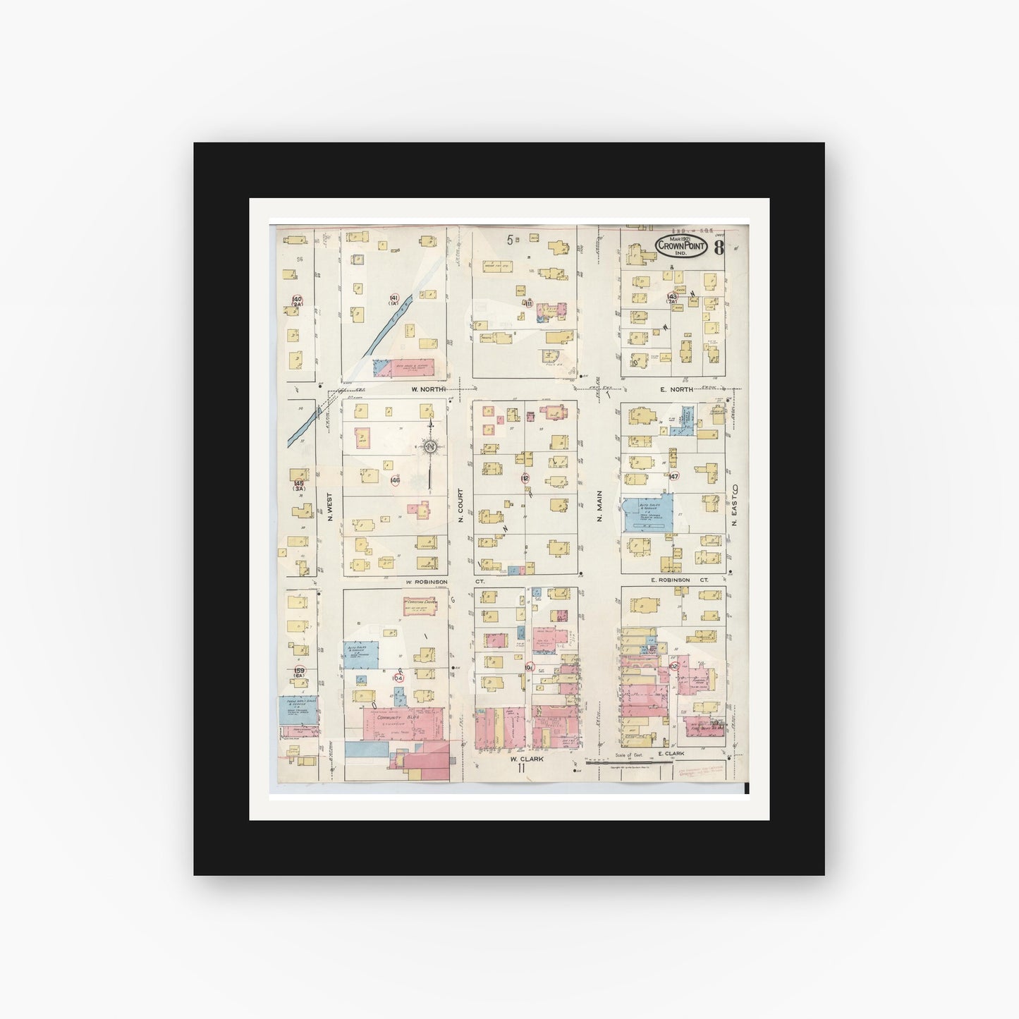 Old map wall art mockup — black gallery frame with white mat — Sanborn Fire Insurance Map from Crown Point, Lake County, Indiana (1948), Sheet #0008