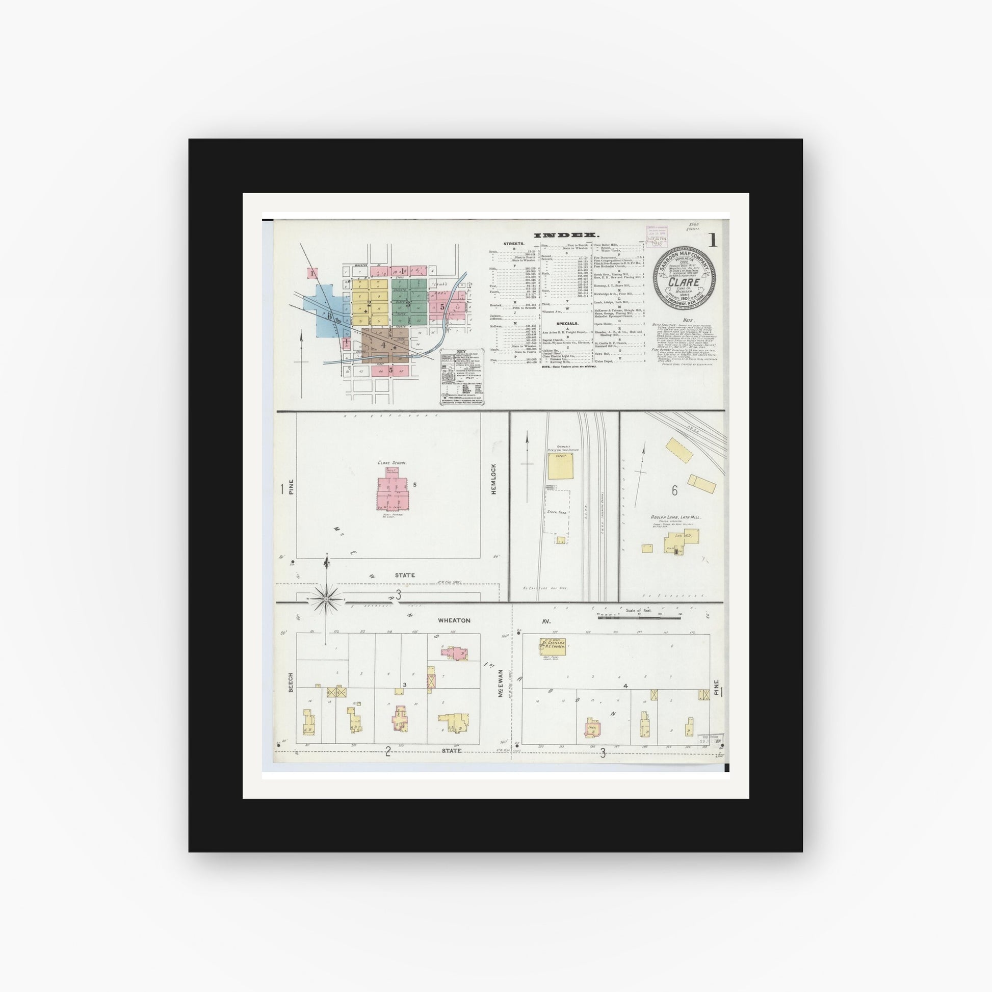 Old map wall art mockup — black gallery frame with white mat — Sanborn Fire Insurance Map from Clare, Clare County, Michigan (1906) - Complete Map Set