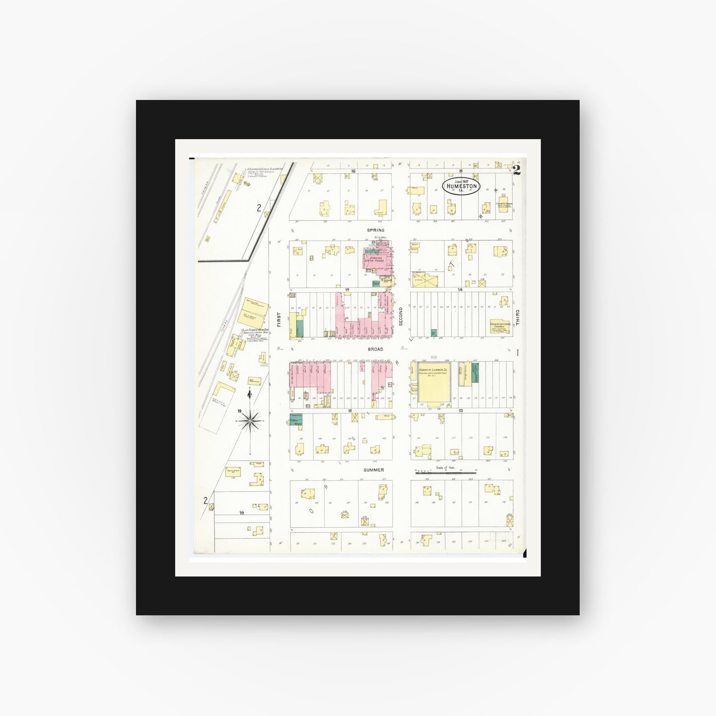 Old map wall art mockup — black gallery frame with white mat — Sanborn Fire Insurance Map from Humeston, Wayne County, Iowa (1907), Sheet #0002