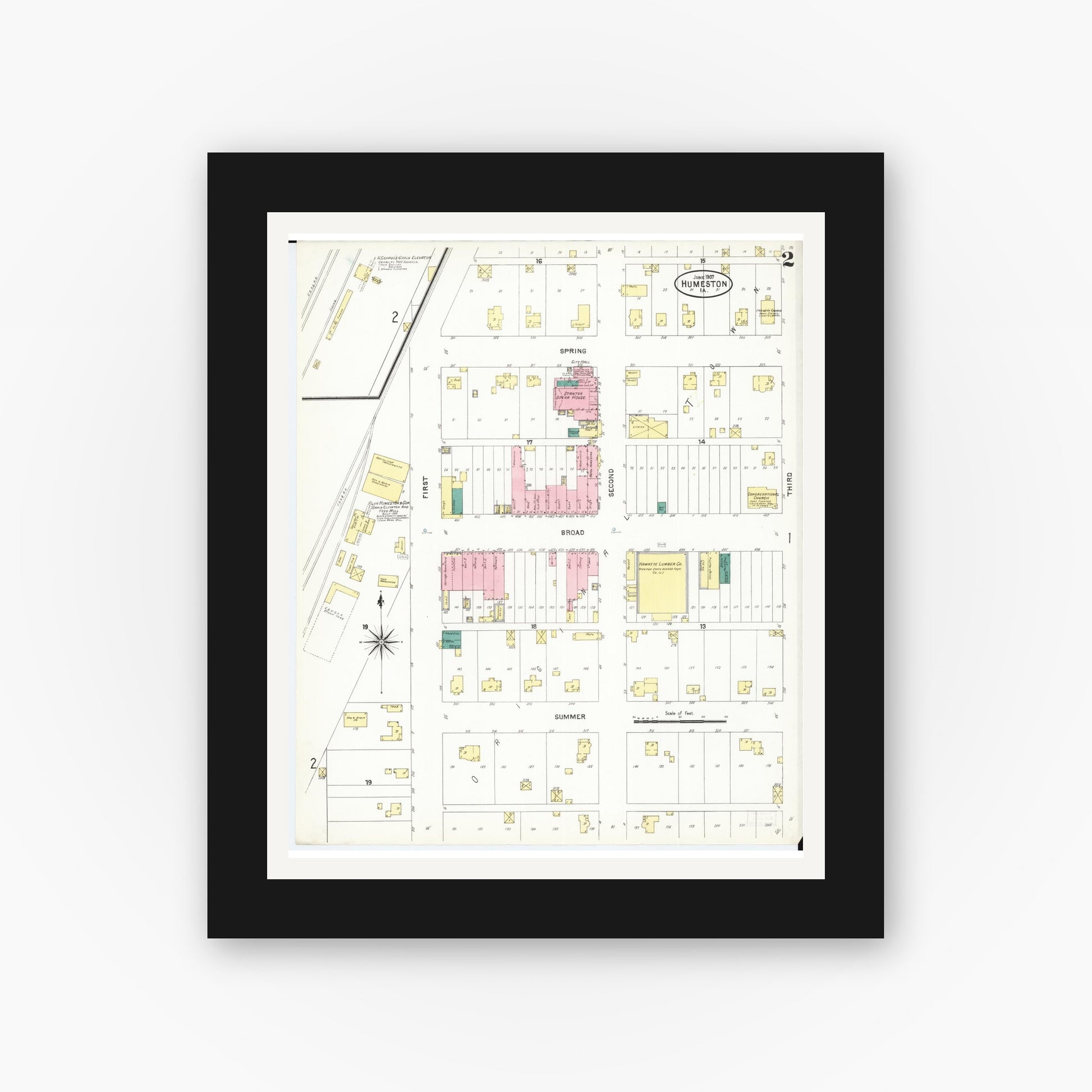 Old map wall art mockup — black gallery frame with white mat — Sanborn Fire Insurance Map from Humeston, Wayne County, Iowa (1907), Sheet #0002
