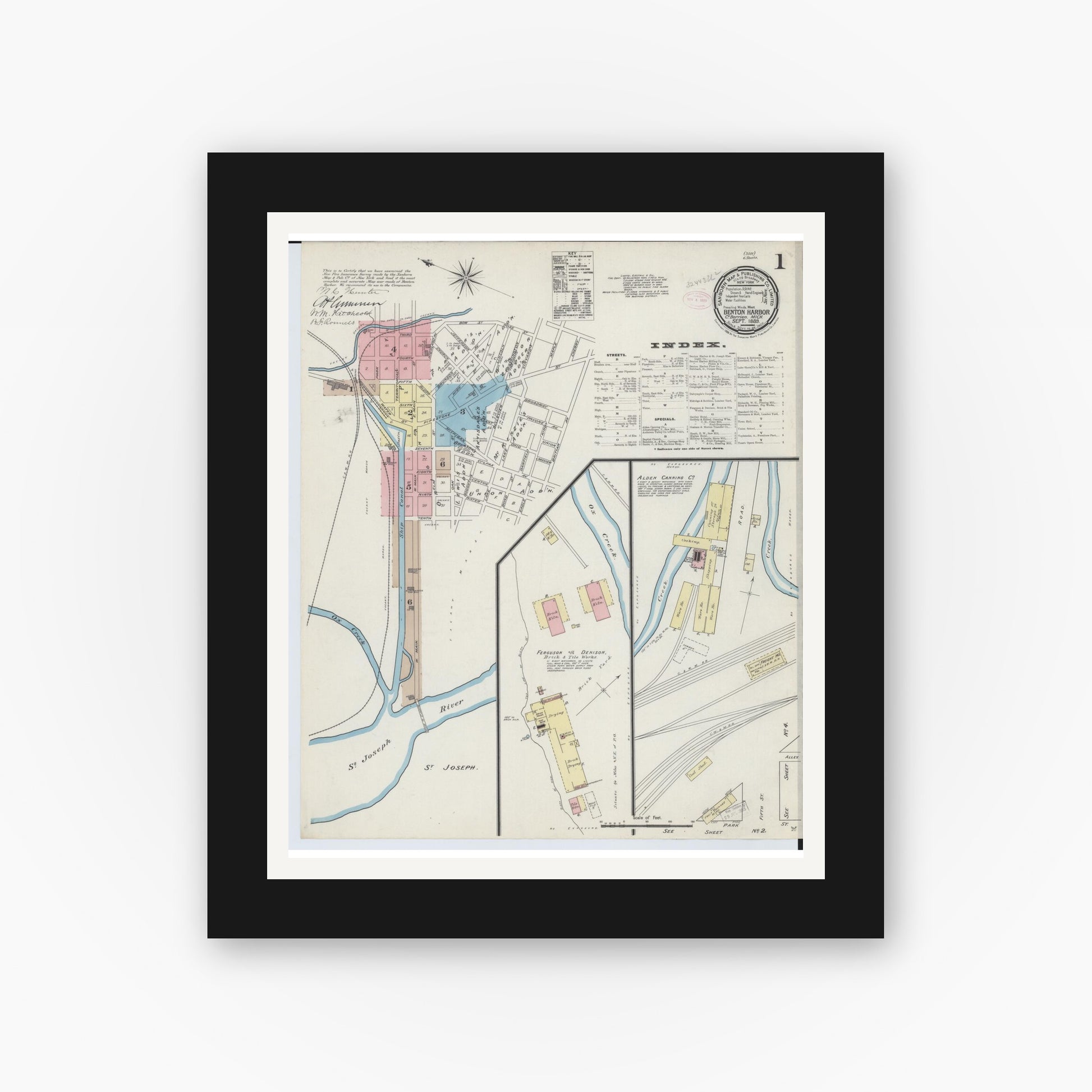 Old map wall art mockup — black gallery frame with white mat — Sanborn Fire Insurance Map from Benton Harbor, Berrien County, Michigan (1889), Sheet #0001