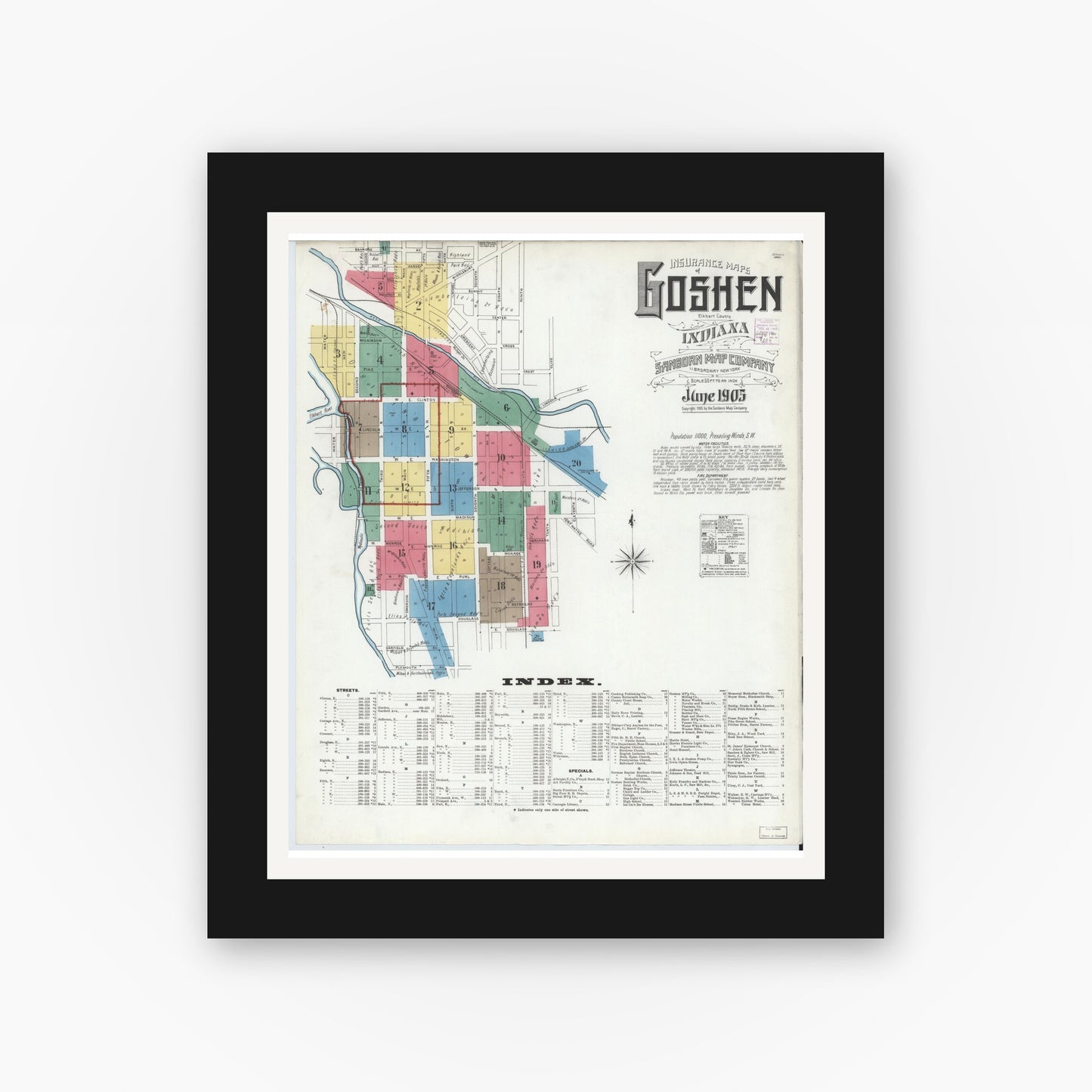 Old map wall art mockup — black gallery frame with white mat — Sanborn Fire Insurance Map from Goshen, Elkhart County, Indiana (1905) - Complete Map Set