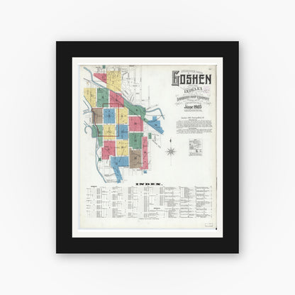 Old map wall art mockup — black gallery frame with white mat — Sanborn Fire Insurance Map from Goshen, Elkhart County, Indiana (1905) - Complete Map Set