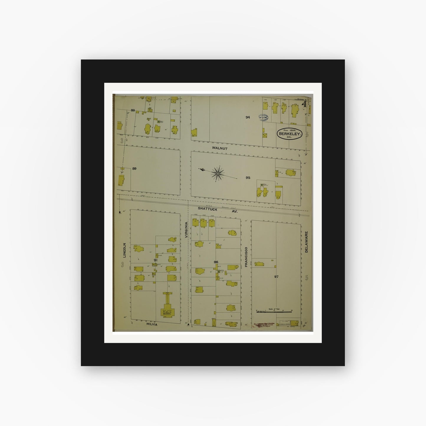 Old map wall art mockup — black gallery frame with white mat — Sanborn Fire Insurance Map from Berkeley, Alameda County, California (1894), Sheet #0004