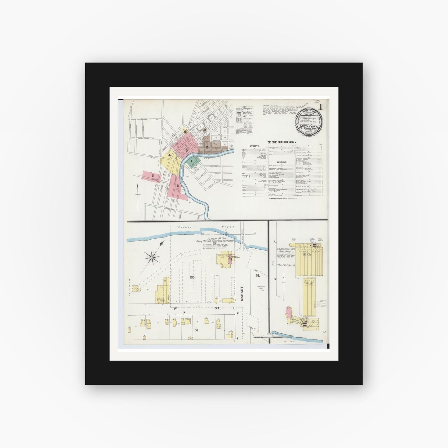 Old map wall art mockup — black gallery frame with white mat — Sanborn Fire Insurance Map from Mount Clemens, Macomb County, Michigan (1892), Sheet #0001