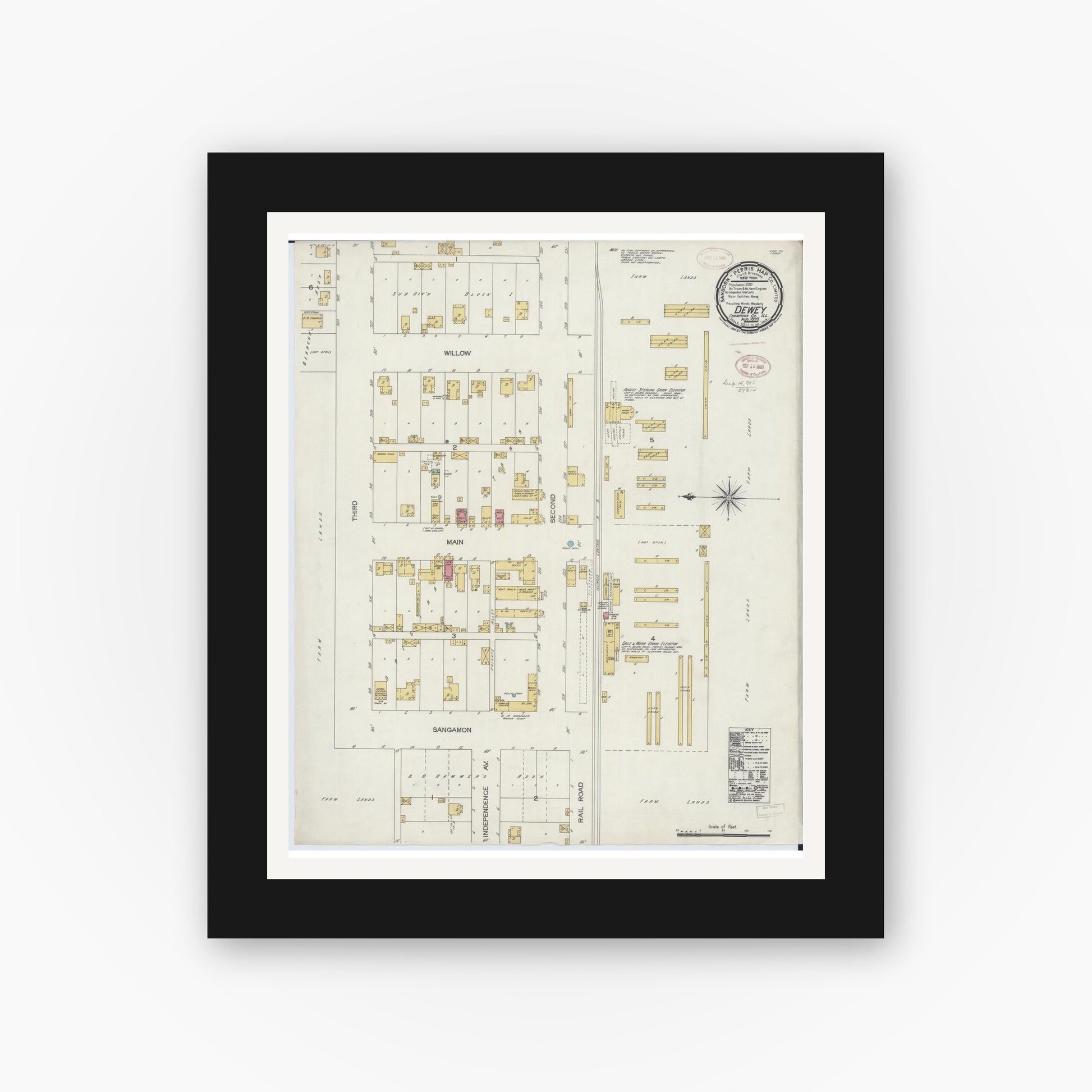 Old map wall art mockup — black gallery frame with white mat — Sanborn Fire Insurance Map from Dewey, Champaign County, Illinois (1899), Sheet #0001