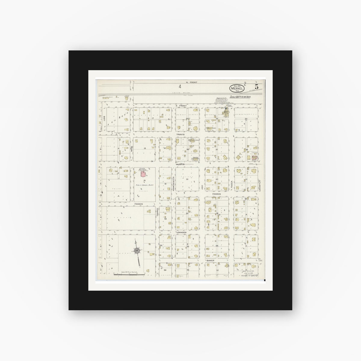 Old map wall art mockup — black gallery frame with white mat — Sanborn Fire Insurance Map from Merkel, Taylor County, Texas (1914), Sheet #0005