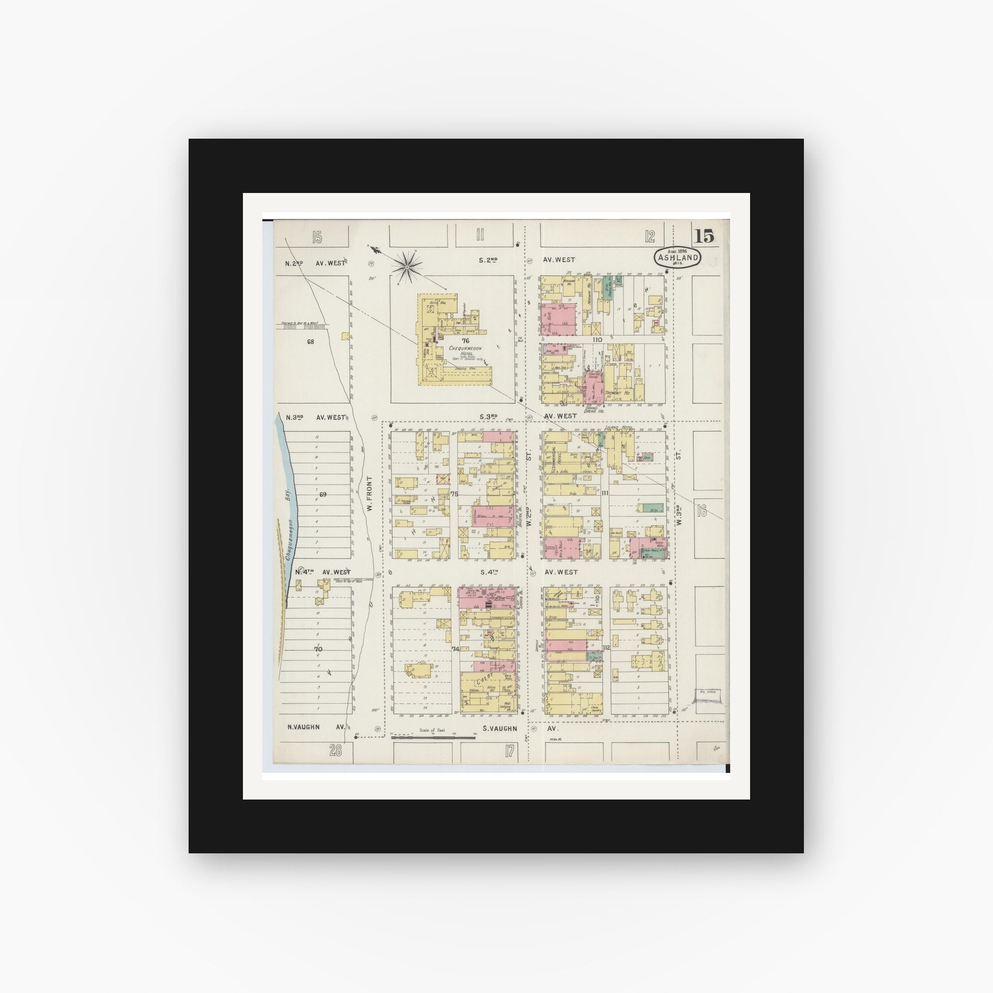 Old map wall art mockup — black gallery frame with white mat — Sanborn Fire Insurance Map from Ashland, Ashland County, Wisconsin (1895), Sheet #0015