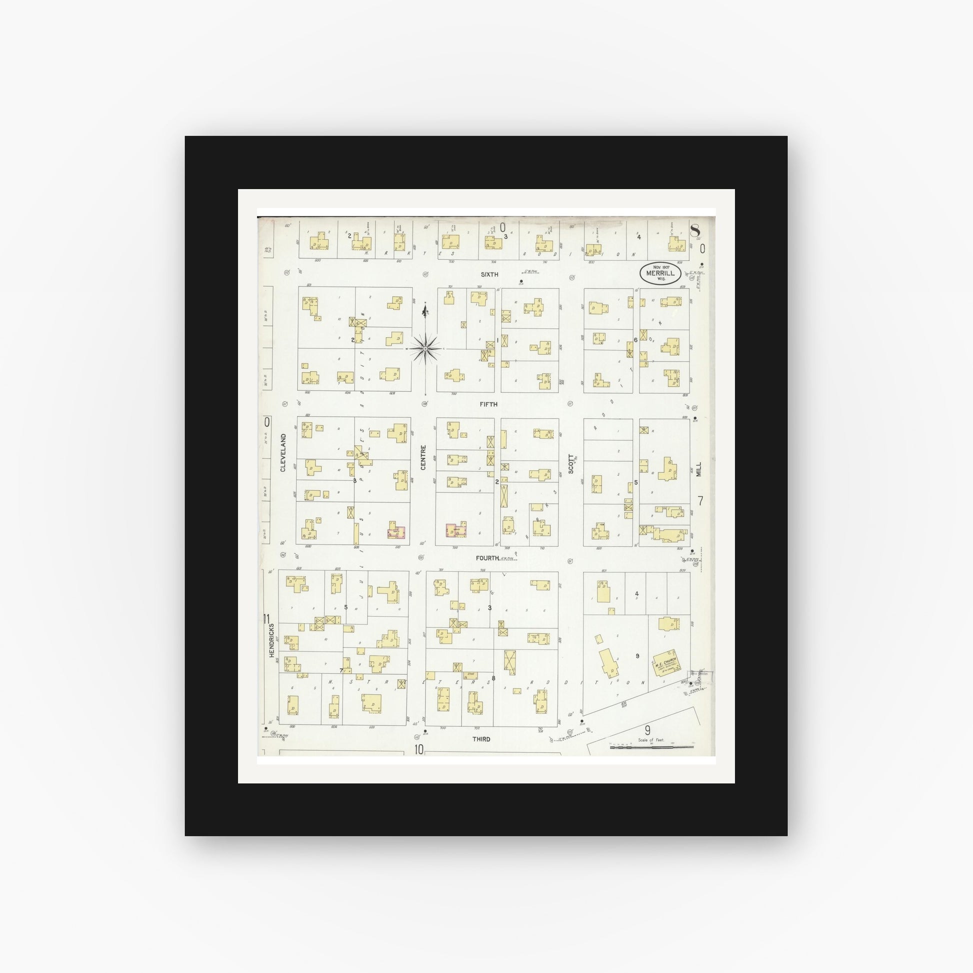 Old map wall art mockup — black gallery frame with white mat — Sanborn Fire Insurance Map from Merrill, Lincoln County, Wisconsin (1907), Sheet #0008