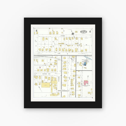 Old map wall art mockup — black gallery frame with white mat — Sanborn Fire Insurance Map from Woodsfield, Monroe County, Ohio (1923), Sheet #0004