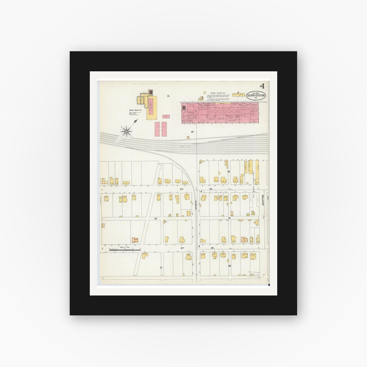 Old map wall art mockup — black gallery frame with white mat — Sanborn Fire Insurance Map from Derry, Westmoreland County, Pennsylvania (1903), Sheet #0004