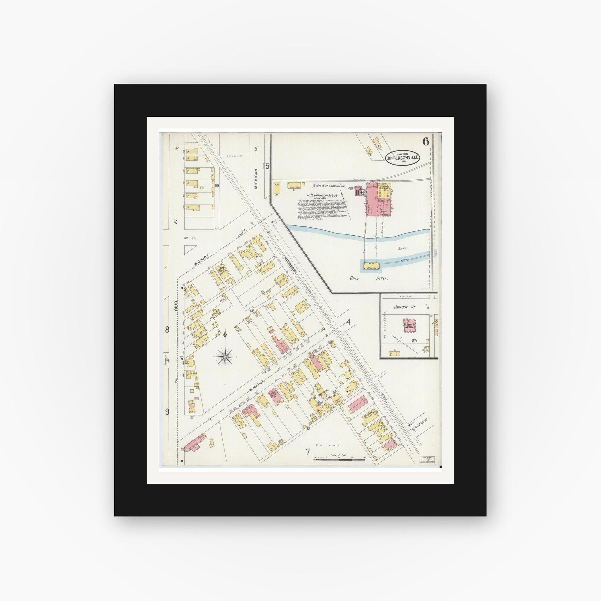 Old map wall art mockup — black gallery frame with white mat — Sanborn Fire Insurance Map from Jeffersonville, Clark County, Indiana (1898), Sheet #0006