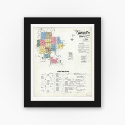 Old map wall art mockup — black gallery frame with white mat — Sanborn Fire Insurance Map from Columbia City, Whitley County, Indiana (1918) - Complete Map Set