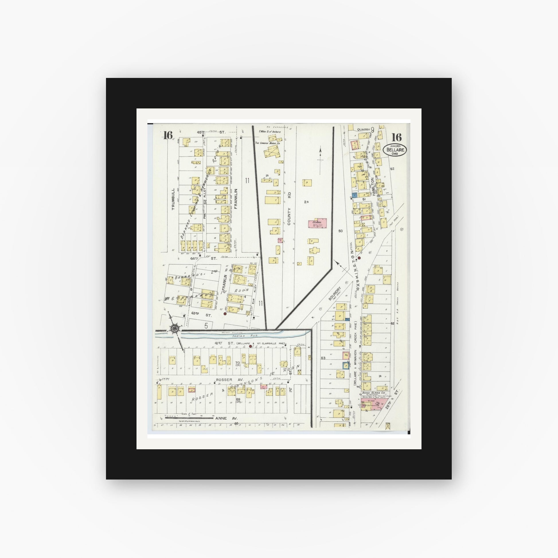 Old map wall art mockup — black gallery frame with white mat — Sanborn Fire Insurance Map from Bellaire, Belmont County, Ohio (1924), Sheet #0016