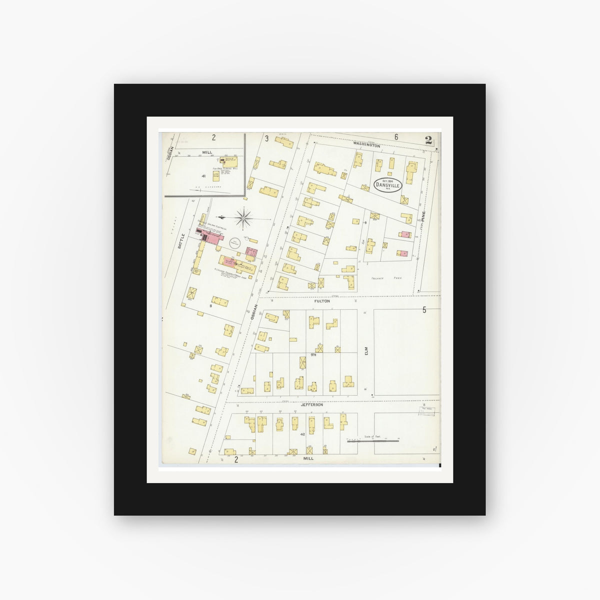 Old map wall art mockup — black gallery frame with white mat — Sanborn Fire Insurance Map from Dansville, Livingston County, New York (1904), Sheet #0002