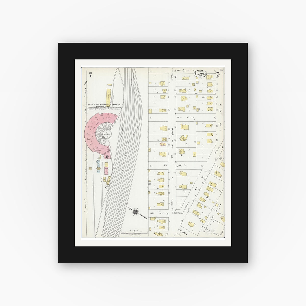 Old map wall art mockup — black gallery frame with white mat — Sanborn Fire Insurance Map from Saint James, Watonwan County, Minnesota (1924), Sheet #0007